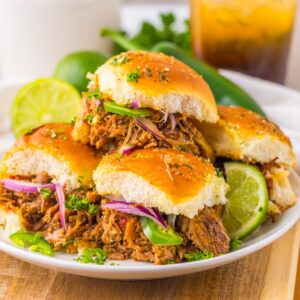 Birria sliders made in the slow cooker.