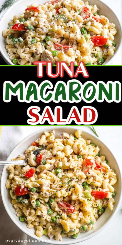 A tuna macaroni pasta salad pinterest pin with text overlay.