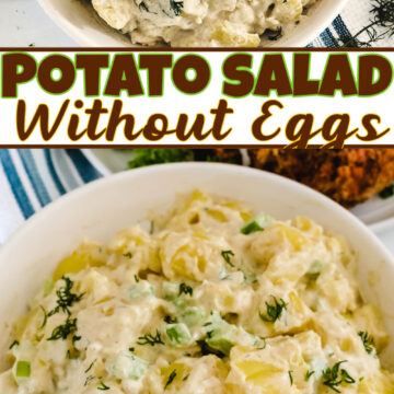 A pinterest pin for potato salad without eggs with text overlay.