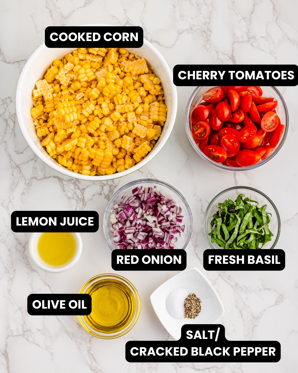 Ingredients with text overlay to make corn tomato salad.
