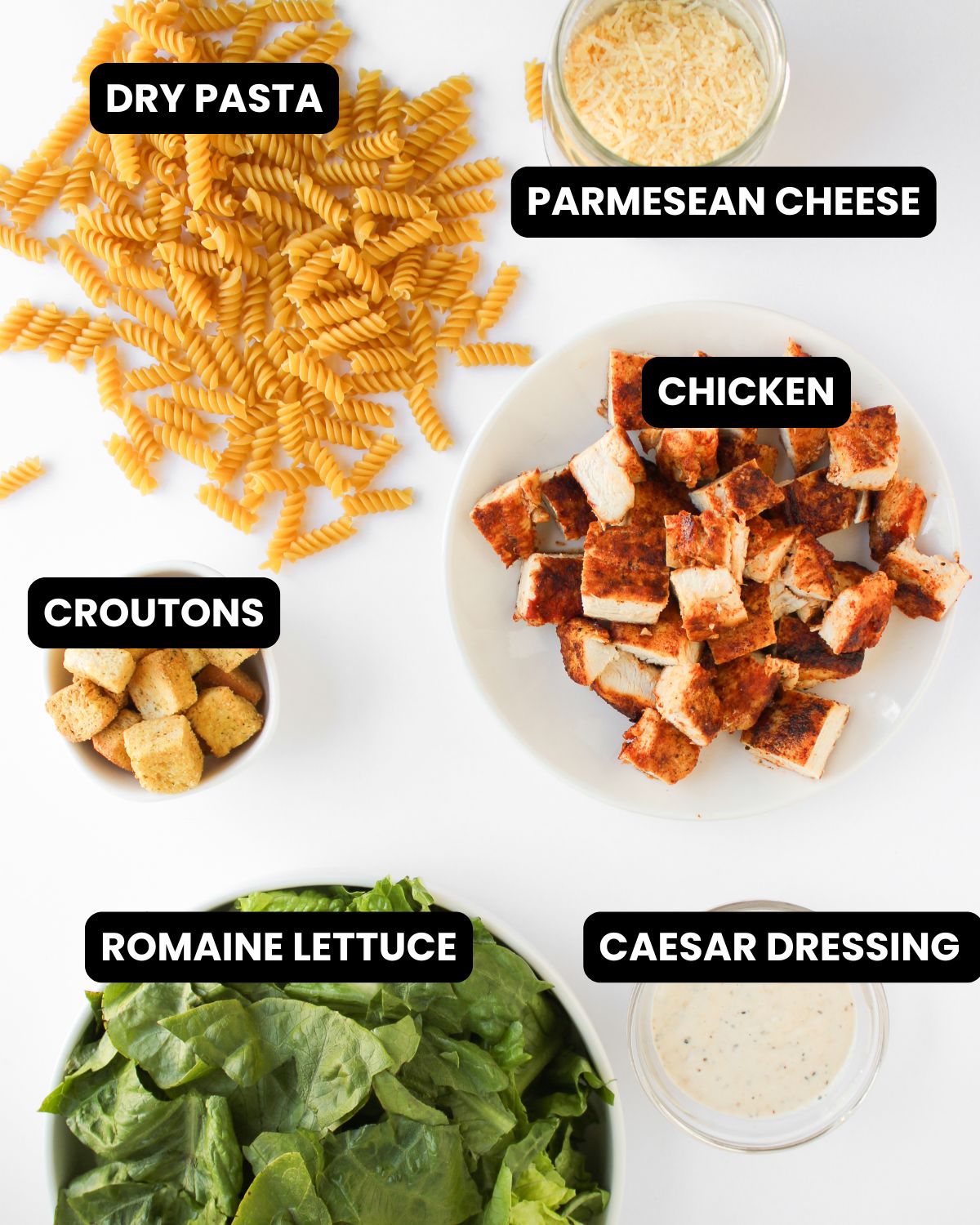 Ingredients for chicken caesar pasta salad with text overlay.