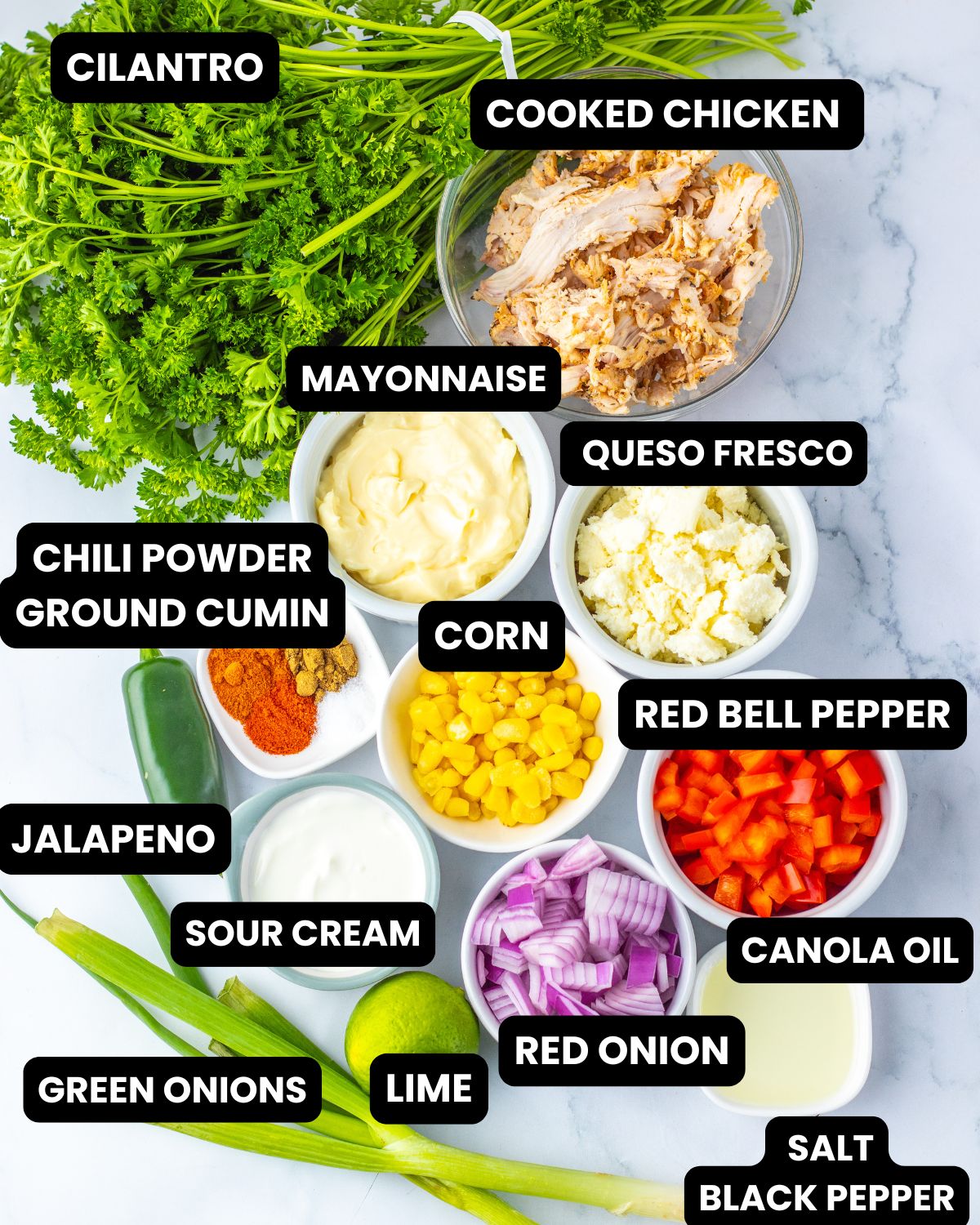 Mexican street corn chicken salad ingredient list. 