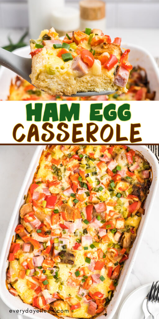 A ham egg and cheese breakfast casserole Pinterest pin with text overlay.
