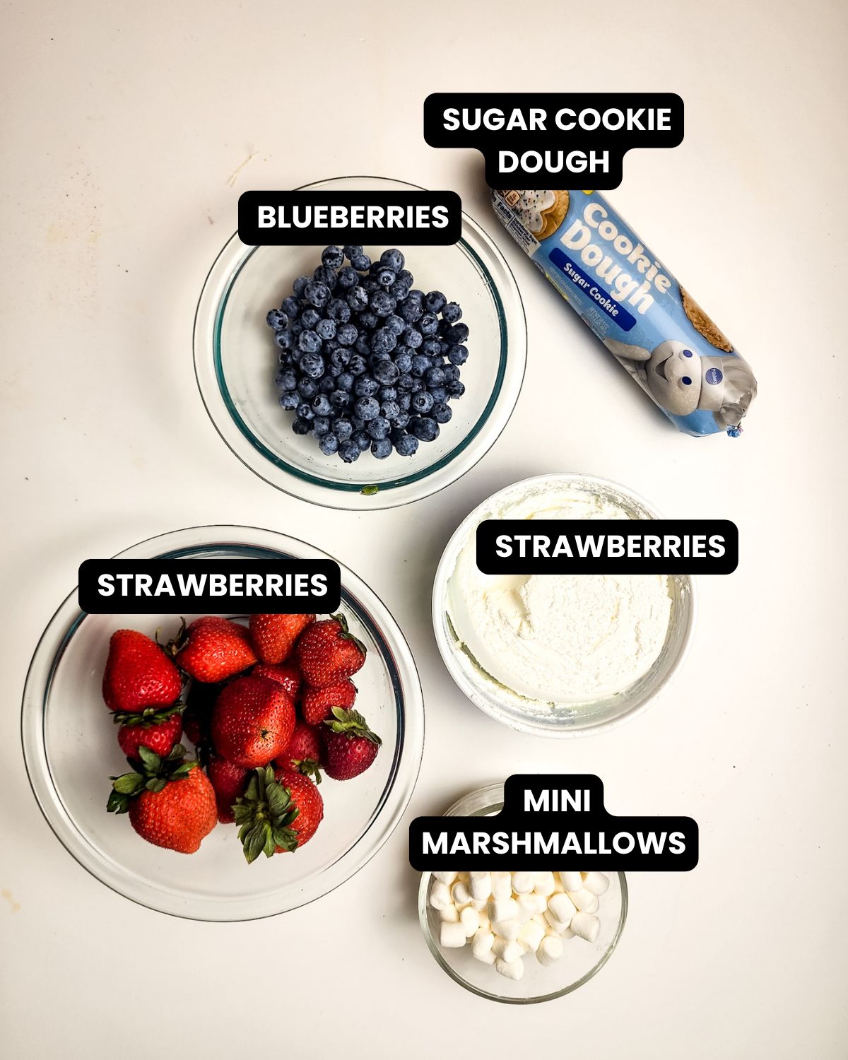 Ingredients with text overlay for 4th of july fruit pizza.