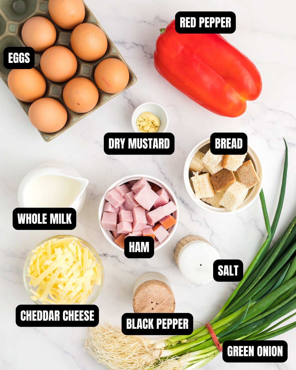 Ham and egg casserole ingredients with text overlay.