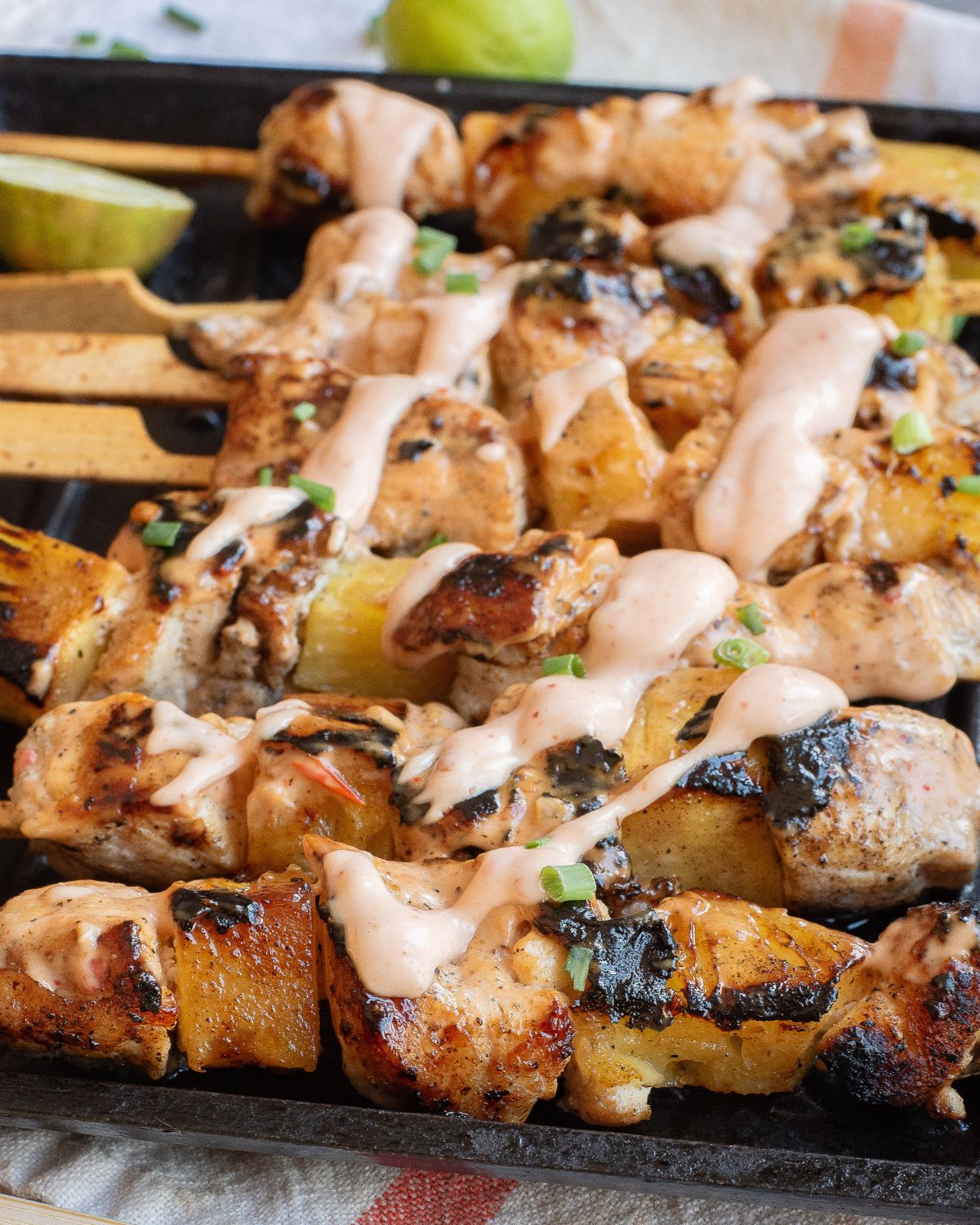 Chicken skewers with pineapple with a Bang Bang Sauce. 