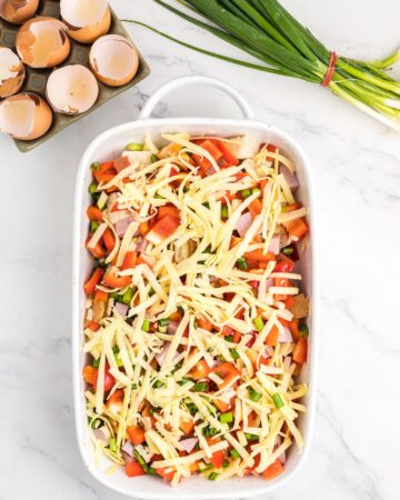 A white casserole dish with diced red peppers, diced ham, and bread cubes topped with shredded cheddar cheese on top.