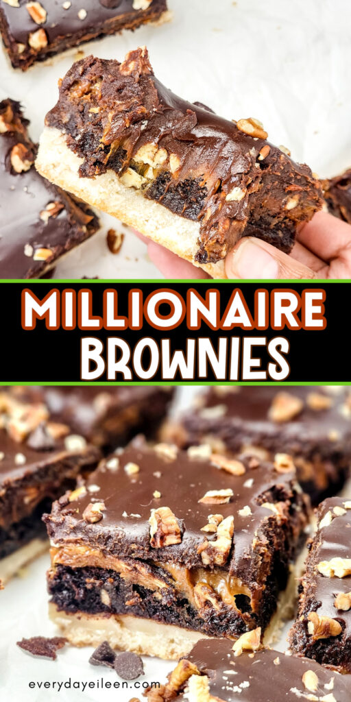 Pinterest pin with text overlay for Millionaire Brownie.
