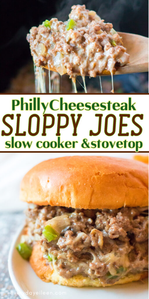 Philly Cheesesteak Sloppy Joes Pinterest pin with text overlay