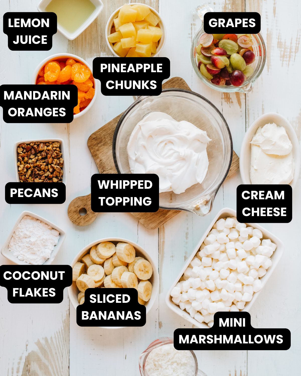 Ingredients with text overlay to make a grape salad.