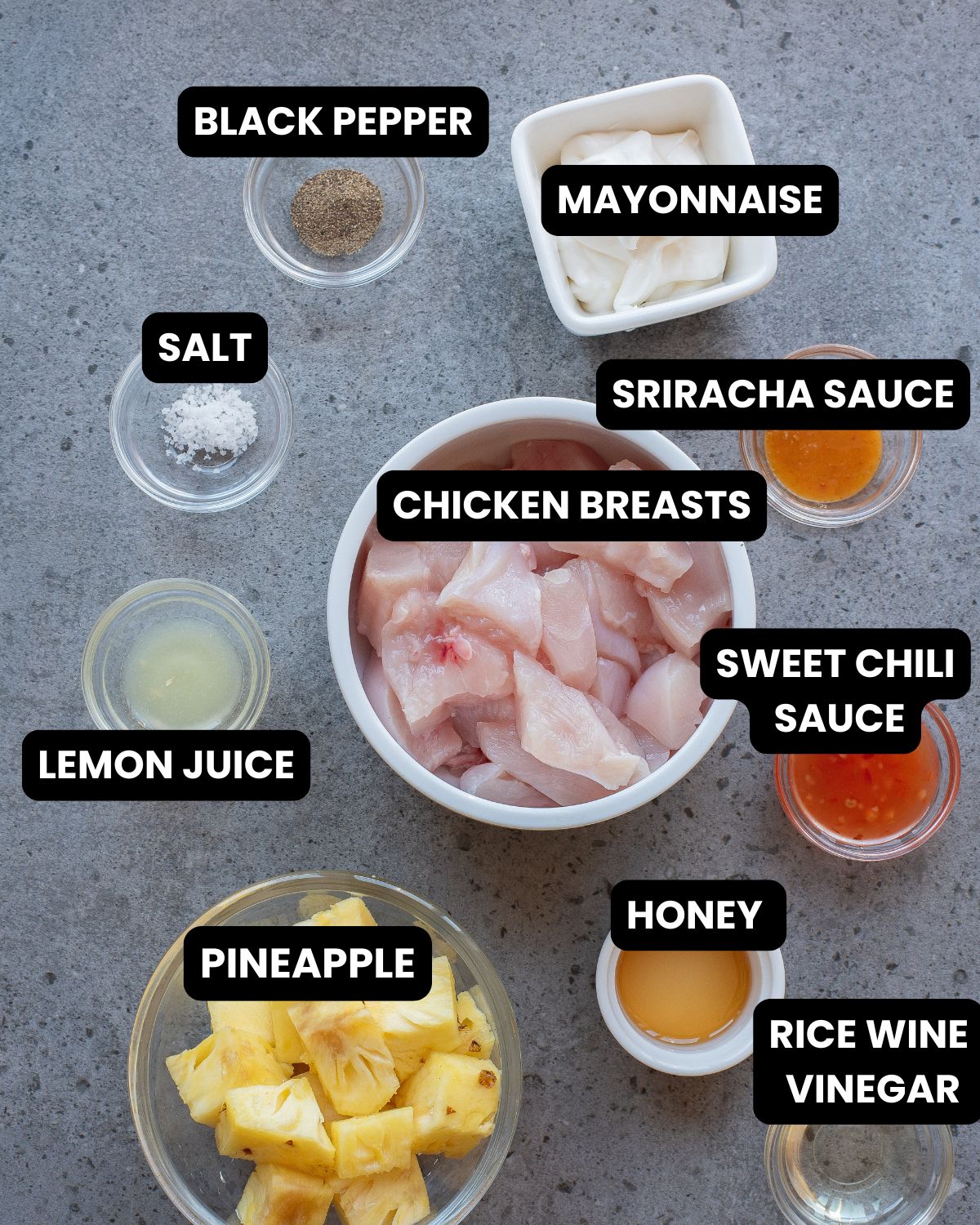 The ingredients with text overlay for chicken pineapple skewers with pineapple.
