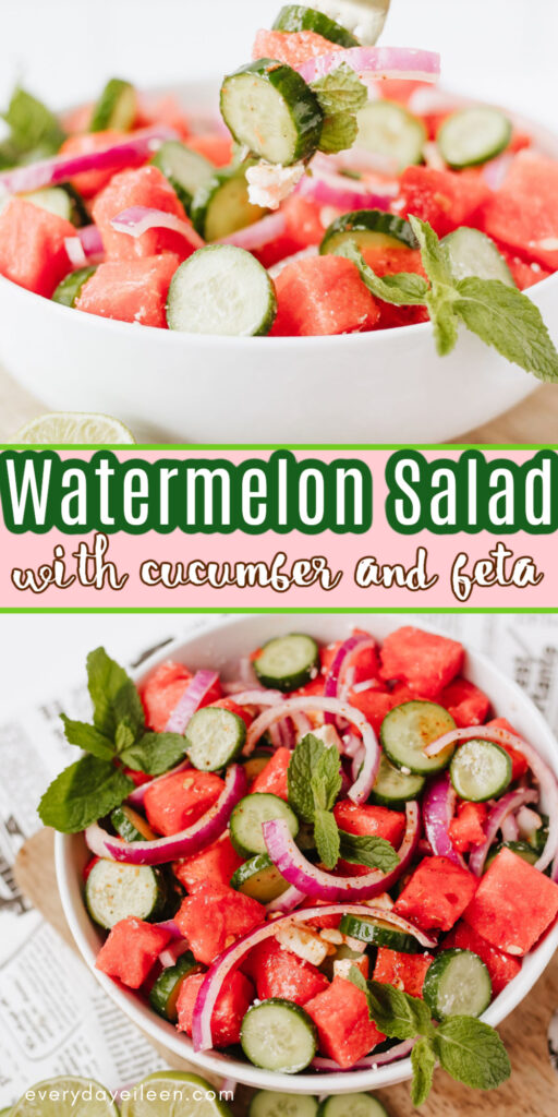 Watermelon cucumber feta salad pinterest pin with text overlay.