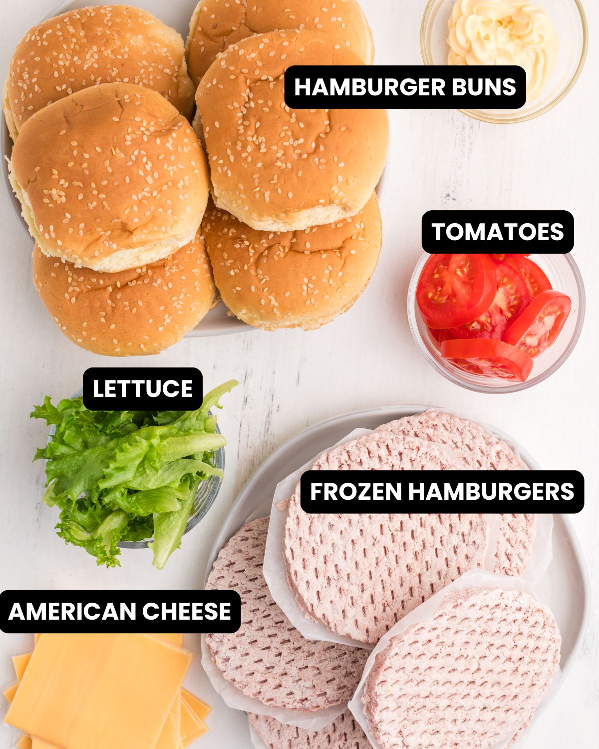 Frozen burgers to be made on the grill with lettuce and burger buns and text overlay.