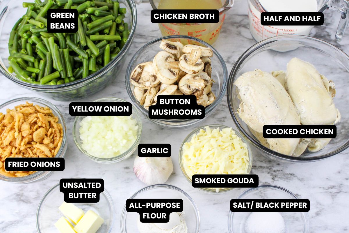 Chicken and green bean casserole ingredients with text overay.