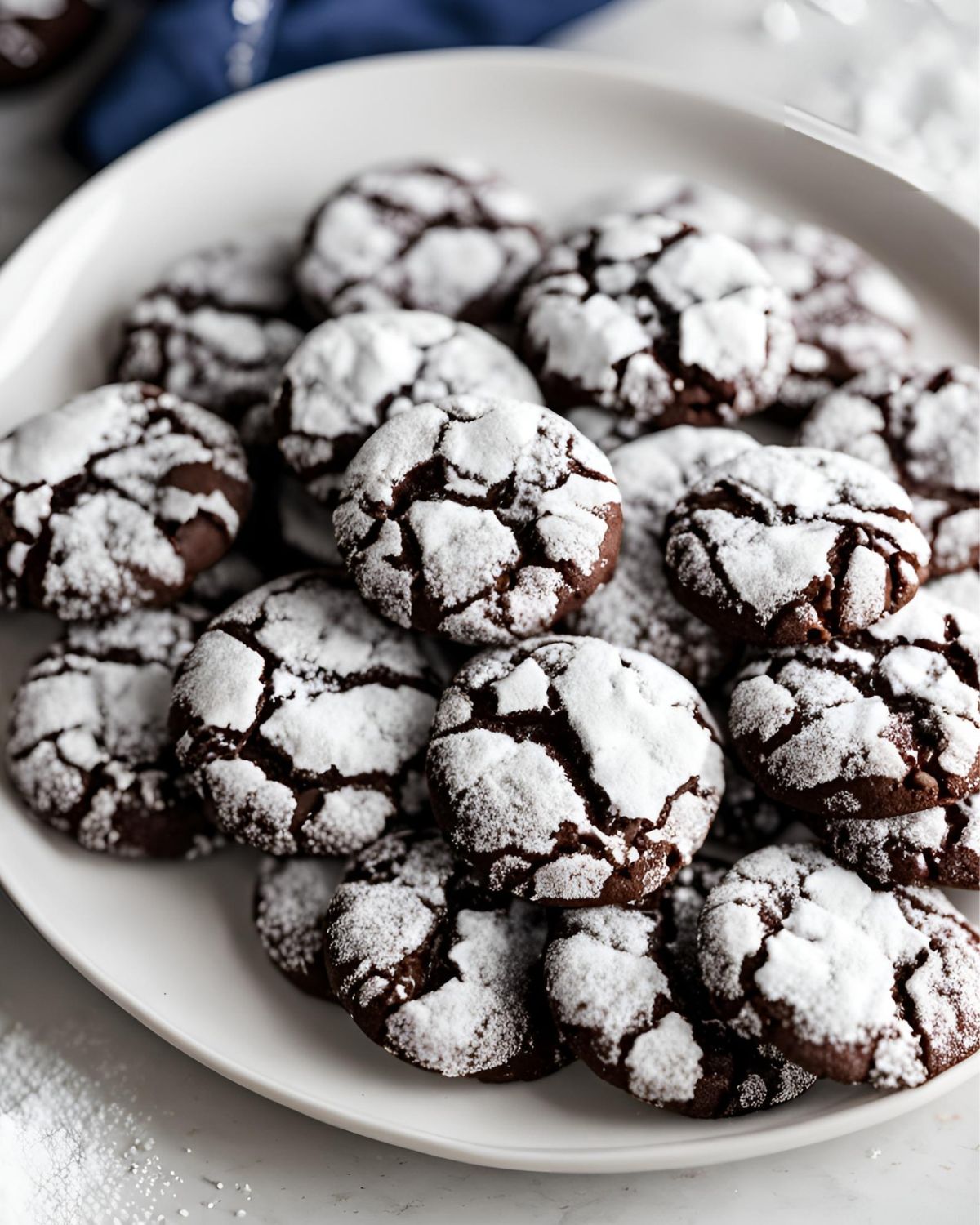Chocolate crinkle cookies on a white platter.