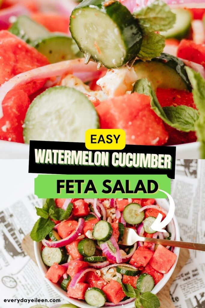 Watermelon cucumber feta salad pinterest pin with text overlay