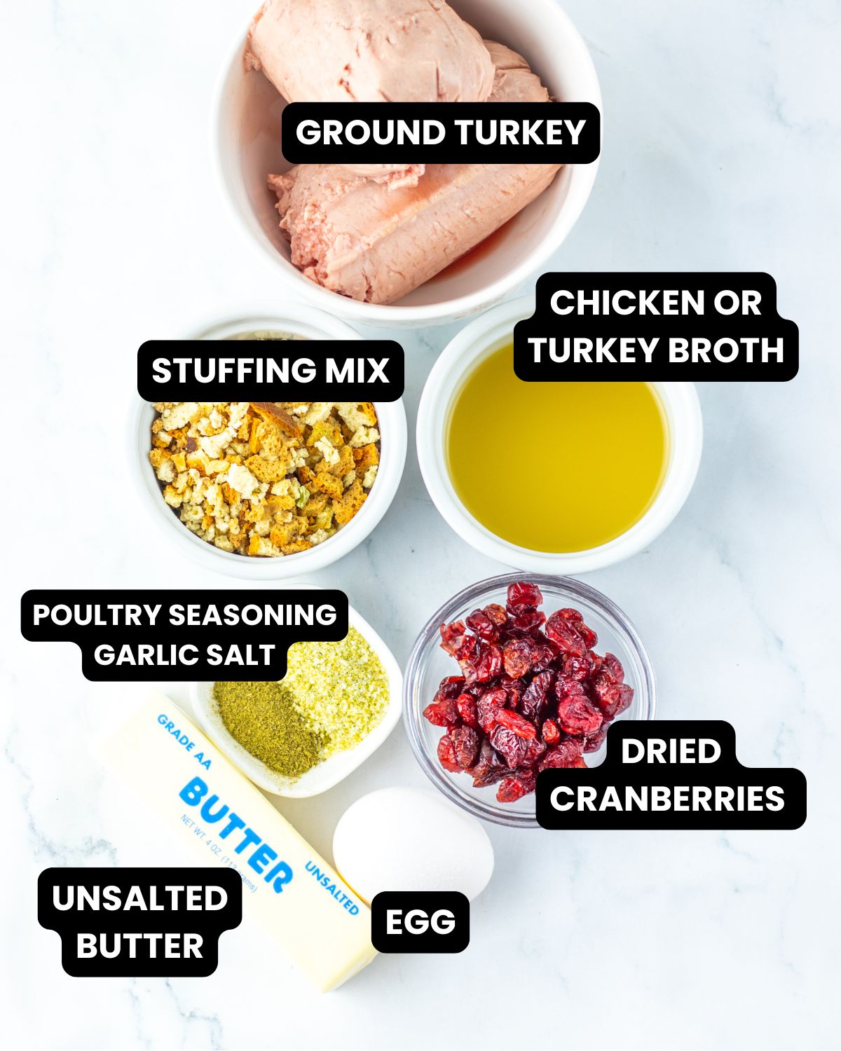 An ingredient shot of what is needed to make turkey cranberry balls.