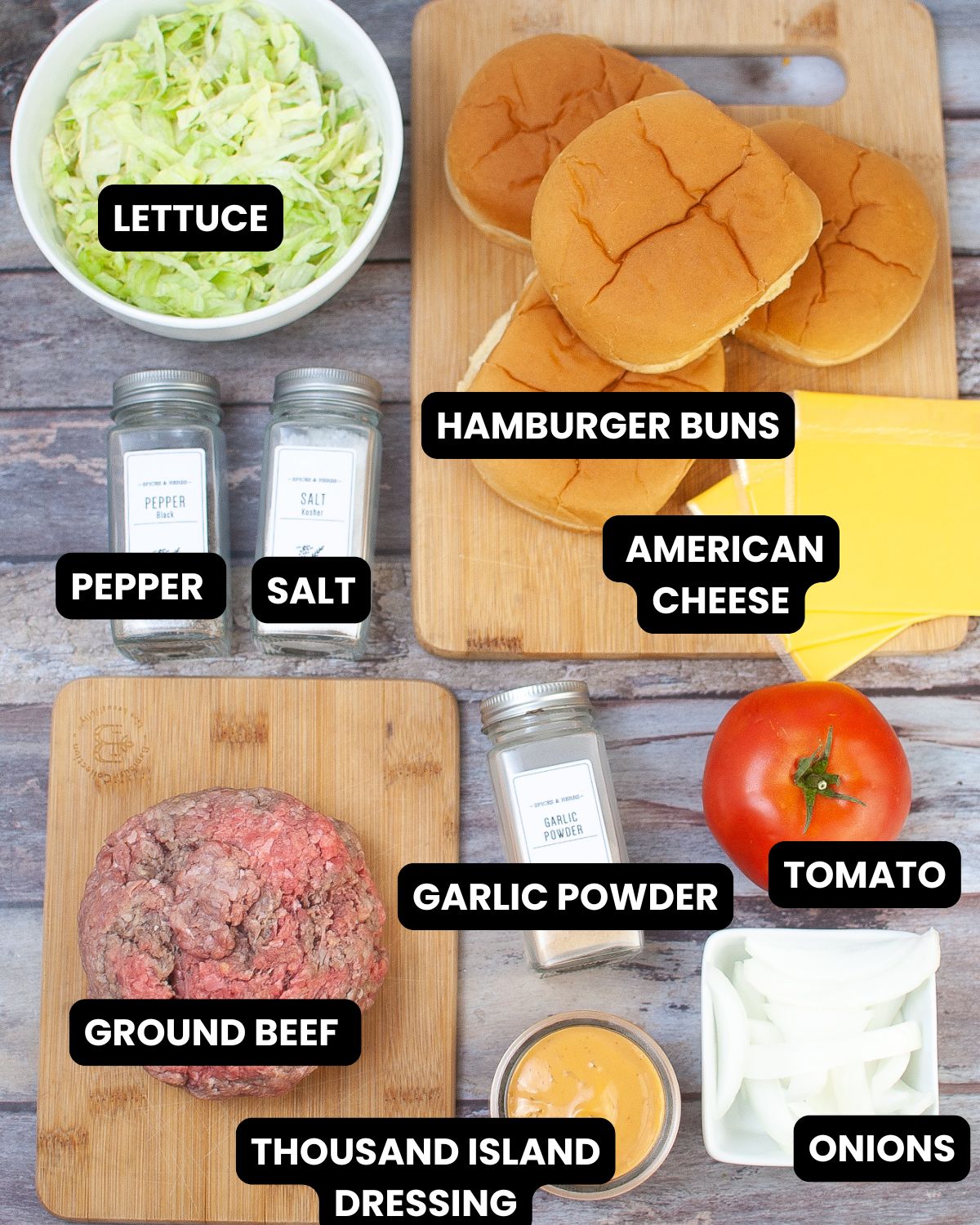 Air fryer hamburgers with text overlay, ingredients.
