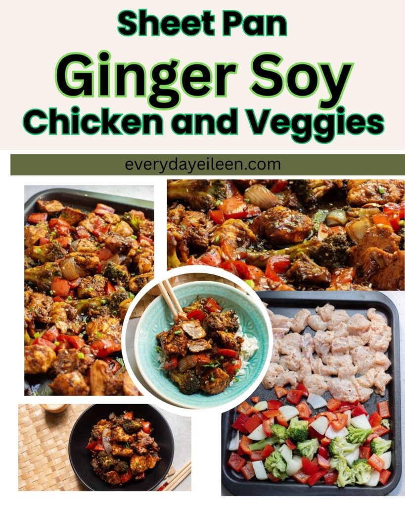 Pinterest pin for sheet pan ginger and soy chicken and vegetables