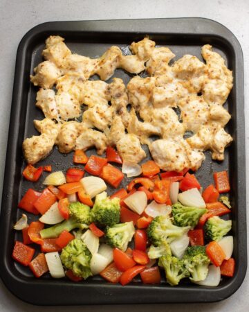 A sheetpan with baked chicken and vegetables to make a sheetpan soy ginger dinner.