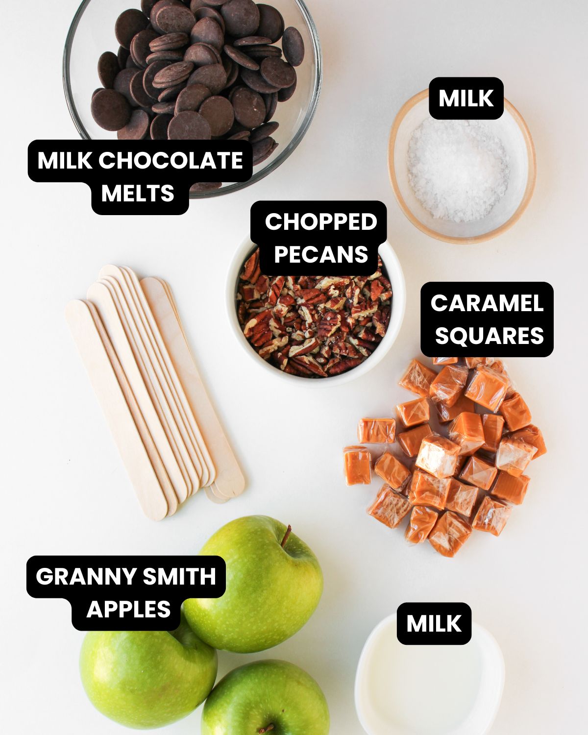 Ingredients with text overlay to make chocolate turtle apple slices.
