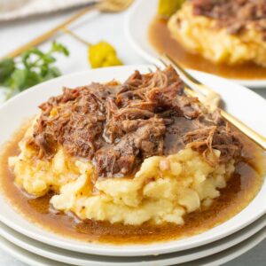 Pressure cooker pot roast over mashed potatoes.