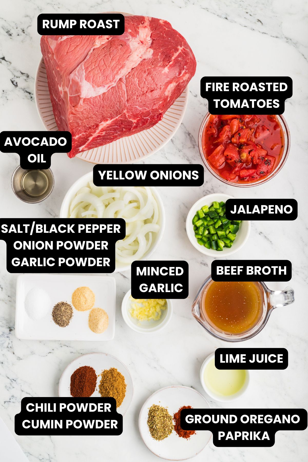 Slow cooker Mexican shredded beef ingredients with text overlay.