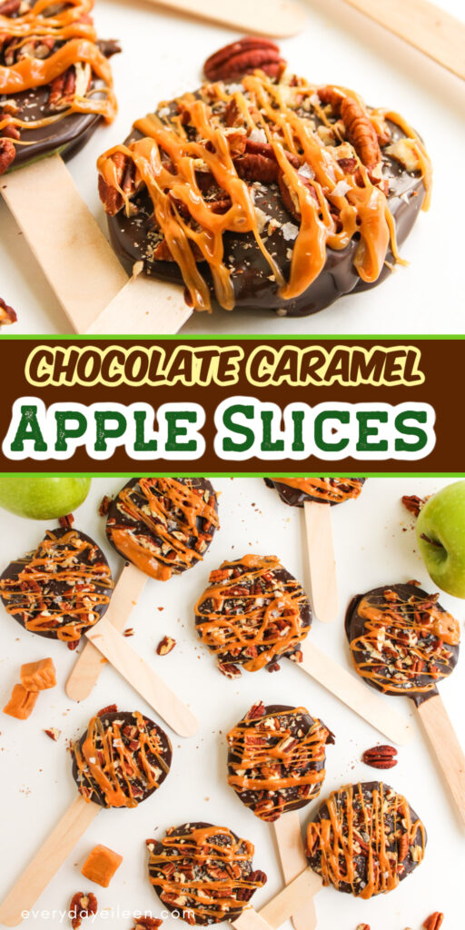 Fresh Apples dipped in chocolate and drizzled in caramel and pecans for pinterest pin.