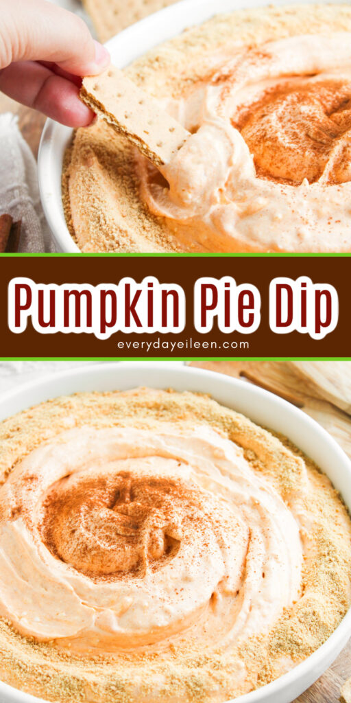 A pinterest pin with text overlay for pumpkin pie dip with whipped topping.