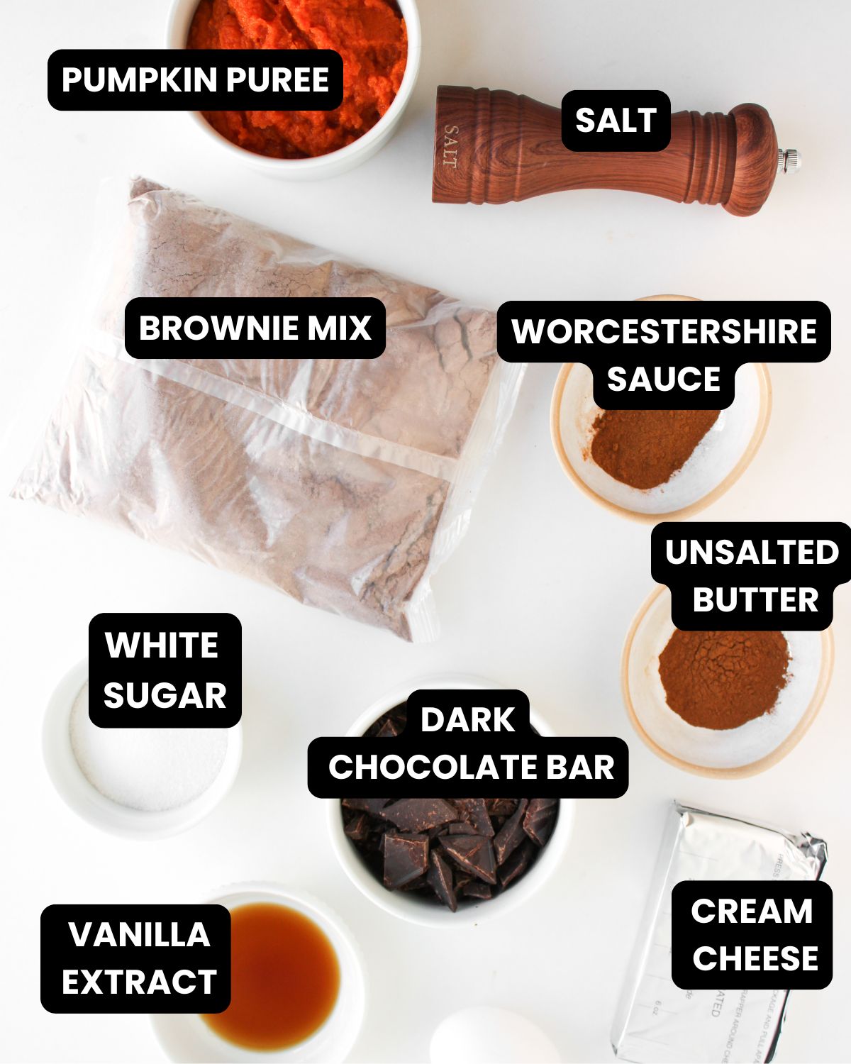 Ingredients to make Pumpkin spice brownies with text overlay.