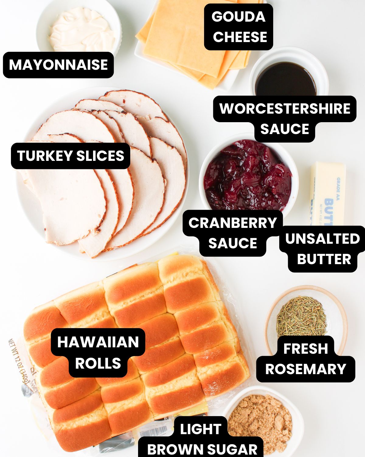 Ingredients to make cranberry turkey sliders with text overlay.