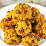A stack of cranberry turkey stuffing balls on a plate.