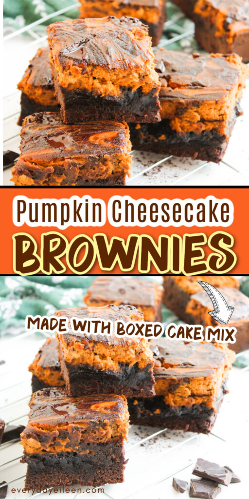 A Pinterest pin for pumpkin brownies with a cream cheese swirl.