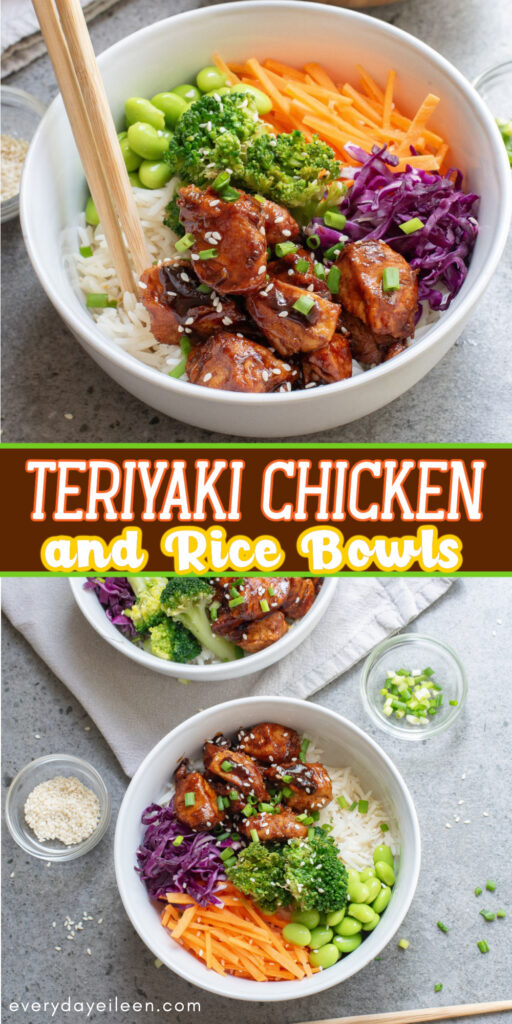 Pinterest pin for Chicken Teriyaki and Rice bowls with text overlay