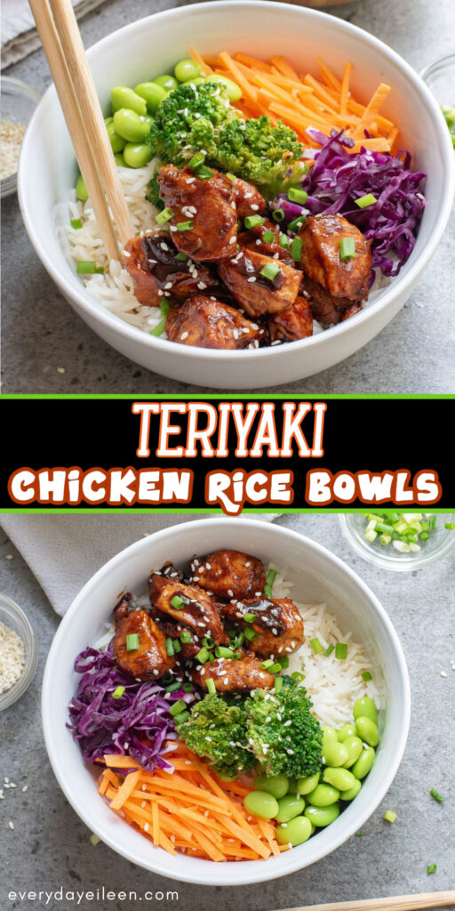 Pinterest pin for Teriyaki chicken Rice bowls with text overlay