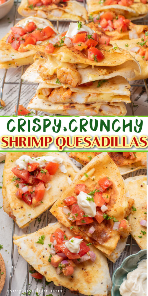 Pinterest pin for shrimp quesadillas with text overlay