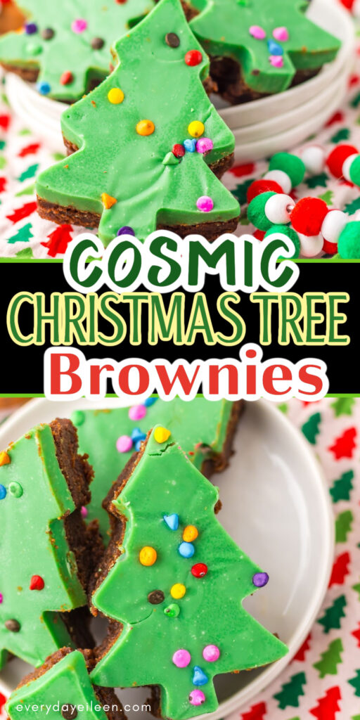 Cosmic Christmas tree brownie recipe pinterest pin with text overlay.