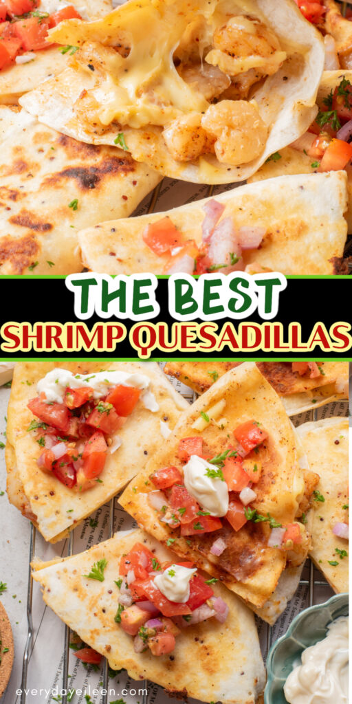 Pinterest pin for shrimp quesadillas with text overlay