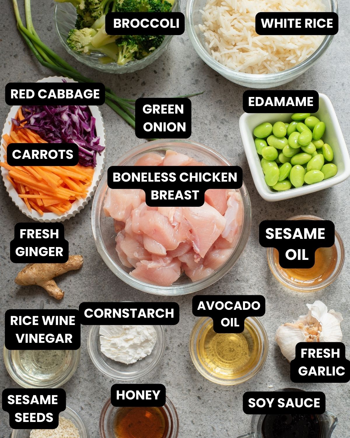 Ingredients to make chicken teriyaki rice bowls with vegetables with text overlay.
