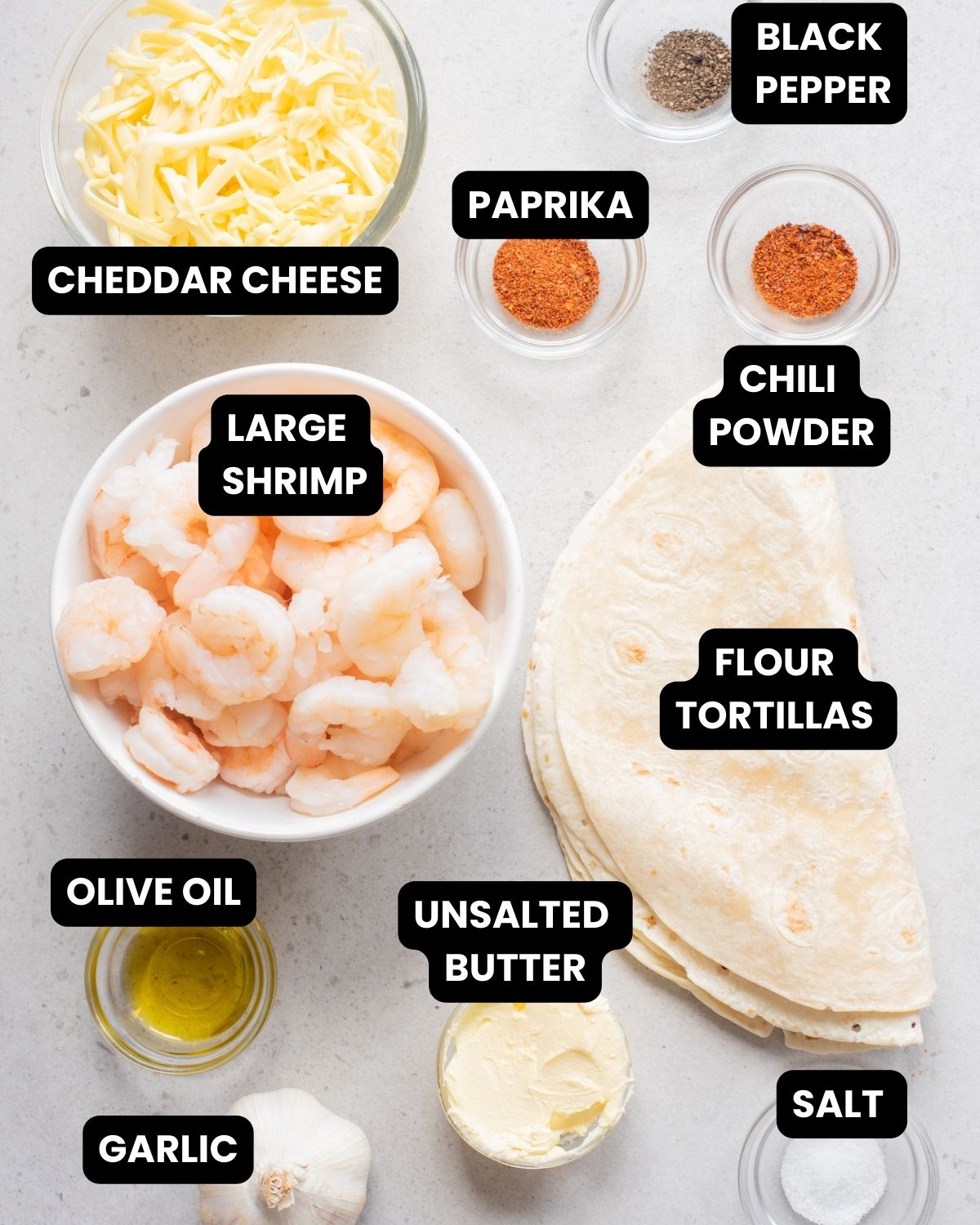 Ingredients with text overlay for shrimp quesadilla.