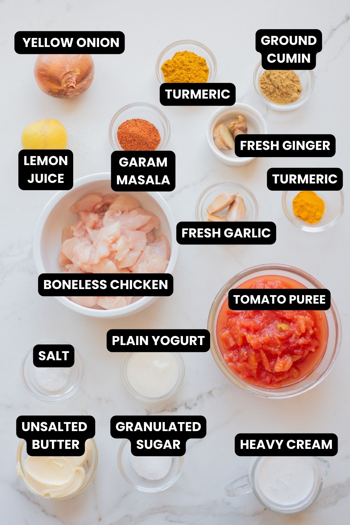 INGREDIENTS WITH TEXT OVERLAY TO MAKE BUTTER CHICKEN