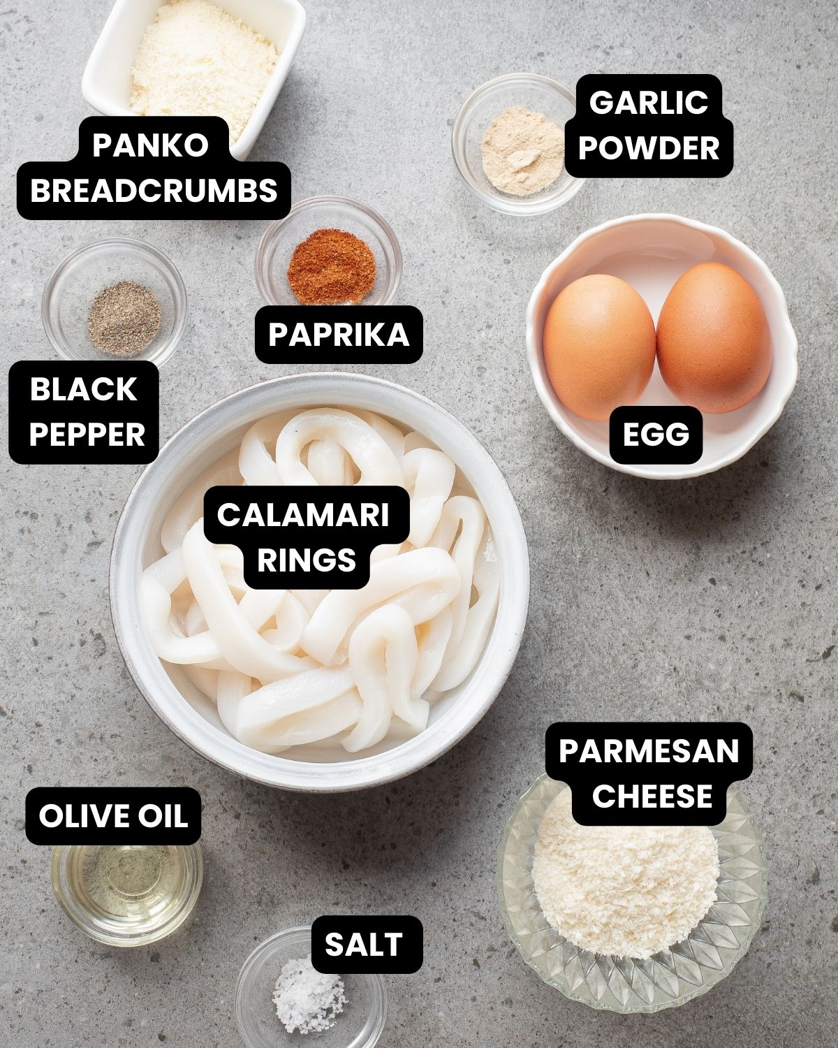 Ingredients with text overlay for crispy baked calamari.