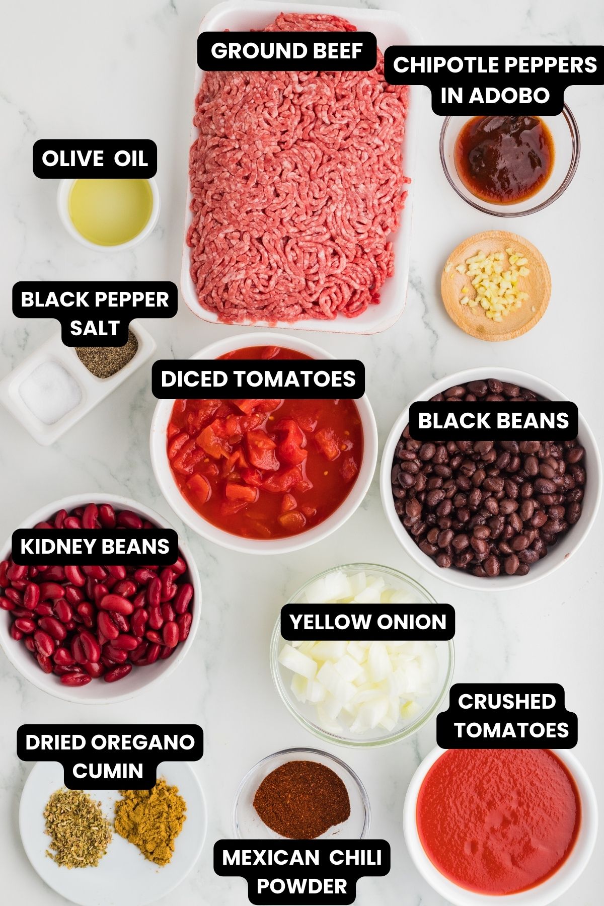 Ingredients with text overlay for chipotle beef chili recipe.