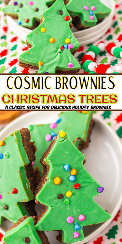 Pinterest pin for Cosmic Christmas Tree Brownies with text overlay.