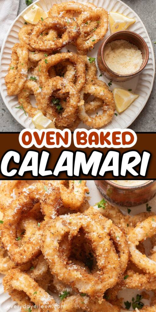 Oven Baked Calamari Rings Pinterest Pin with text overlay.