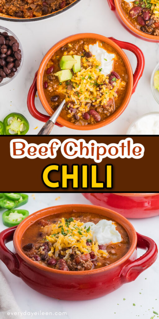 Pinterest pin for Beef Chipotle Chili with text overlay.