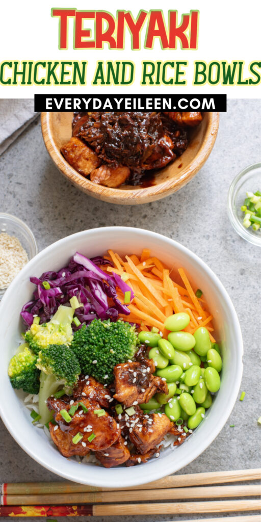 Pinterest pin for Teriyaki chicken and Rice bowls with vegetables with text overlay