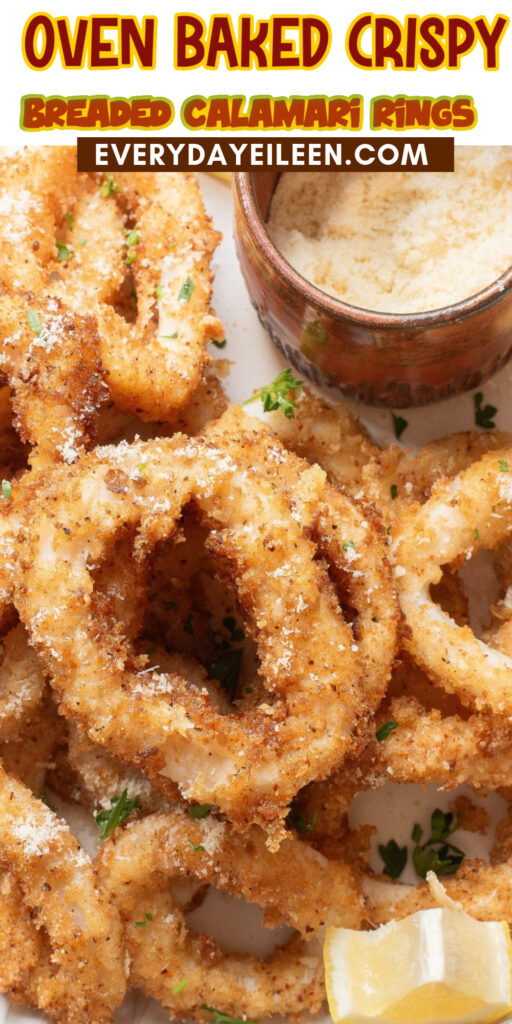 Crispy Oven Baked Calamari Rings Pinterest Pin with text overlay.