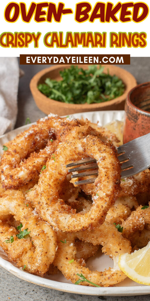 Crispy Oven Baked Calamari Rings Pinterest Pin with text overlay.