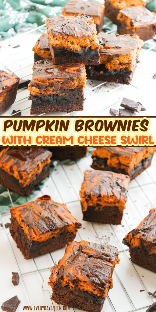 A Pinterest pin for pumpkin spice brownies with a cream cheese swirl.